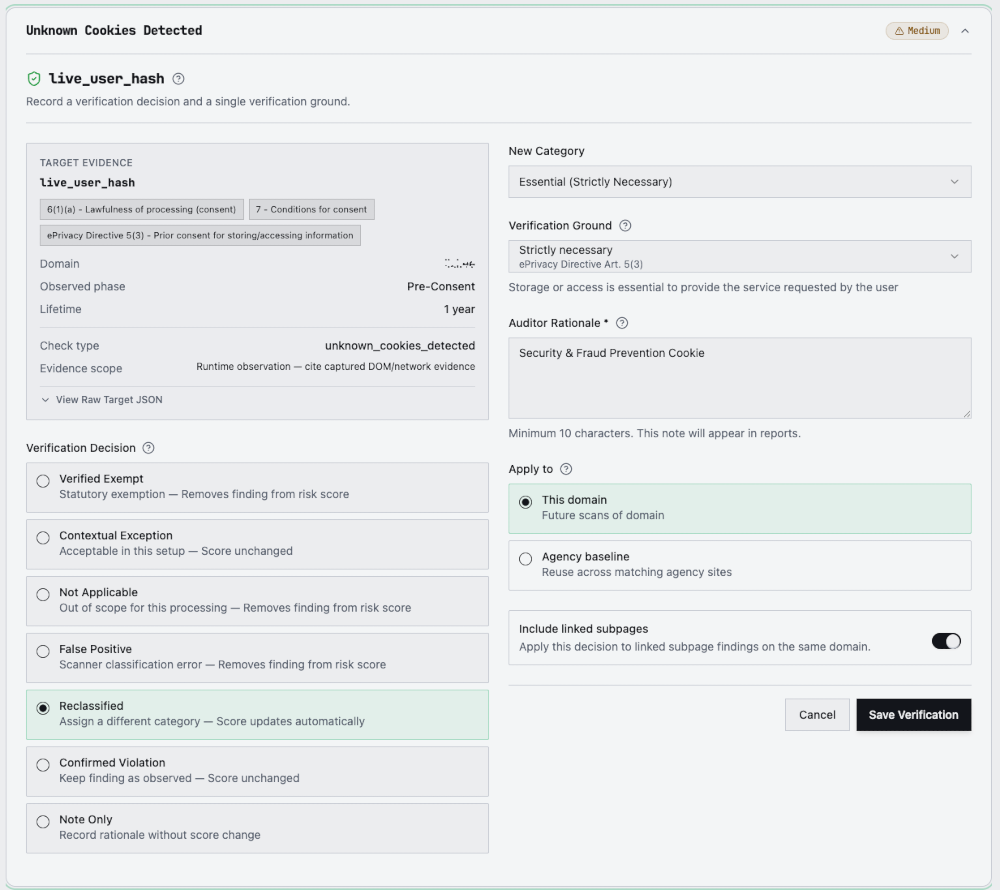 Auditor Workbench reclassifying the cookie live_user_hash from Unknown to Essential, citing ePrivacy Directive Article 5(3) as the strictly-necessary ground