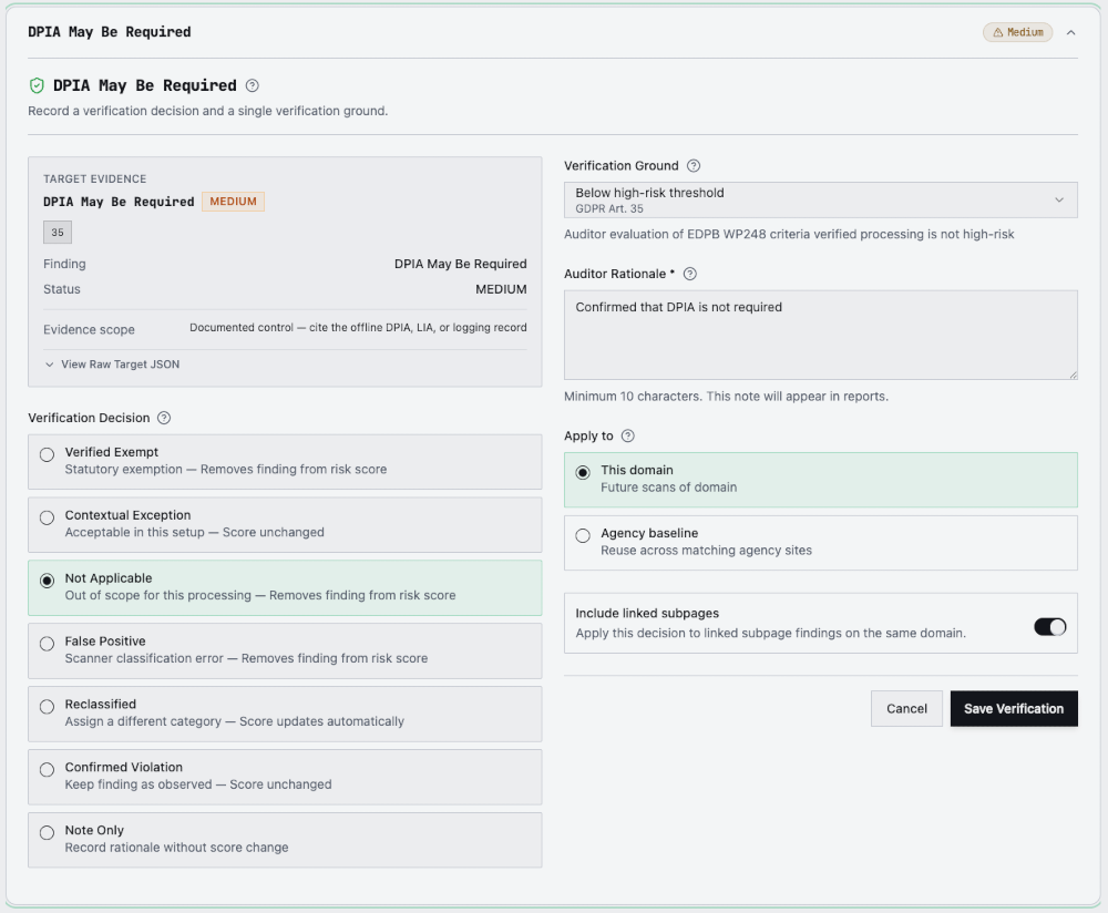 Auditor Workbench showing a DPIA May Be Required finding being marked Not Applicable, with an auditor rationale and scope set to this domain