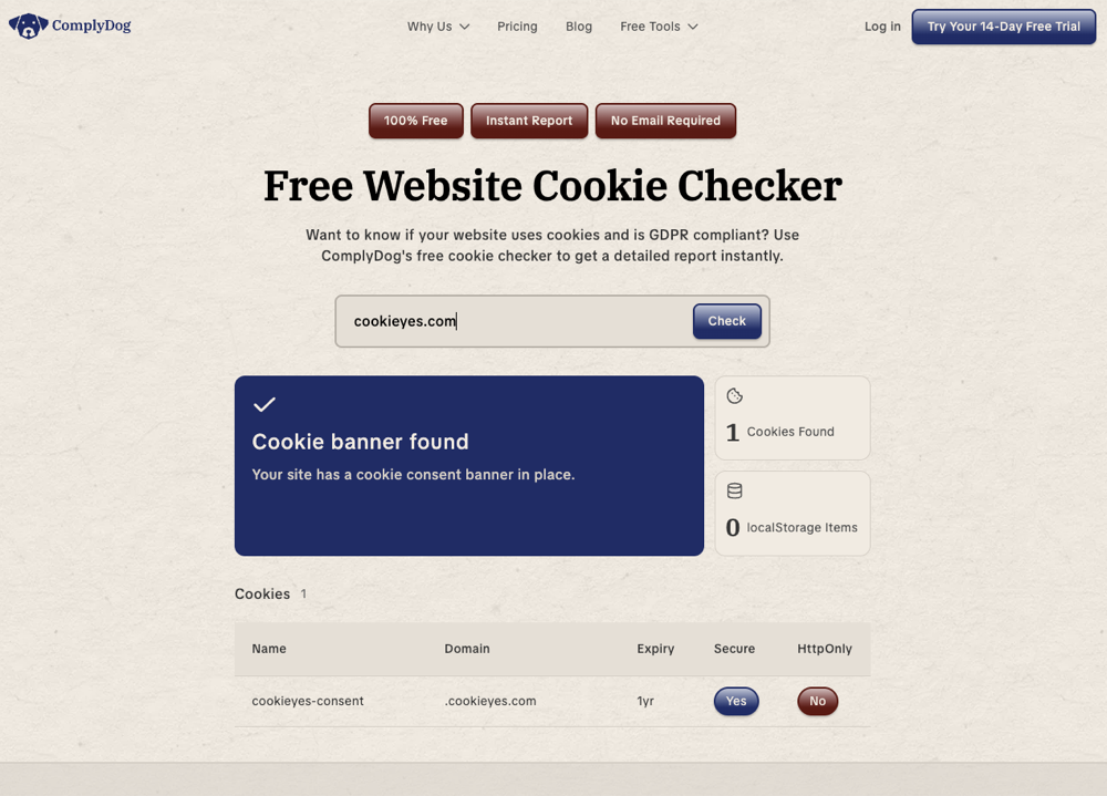 ComplyDog scan result for cookieyes.com showing a single cookie listed with name, domain, expiry, and security flags, with no category breakdown