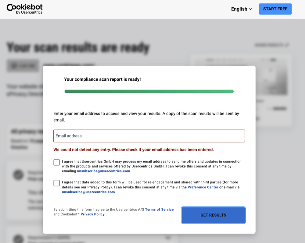 Cookiebot email gate requiring an email address before showing the detailed tracker breakdown; two marketing-consent checkboxes below it are optional