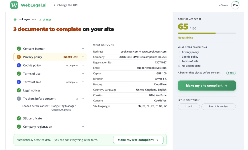 WebLegal.ai scan result for cookieyes.com showing a 65/100 compliance score, 3 documents to complete, and 2 trackers loaded before consent