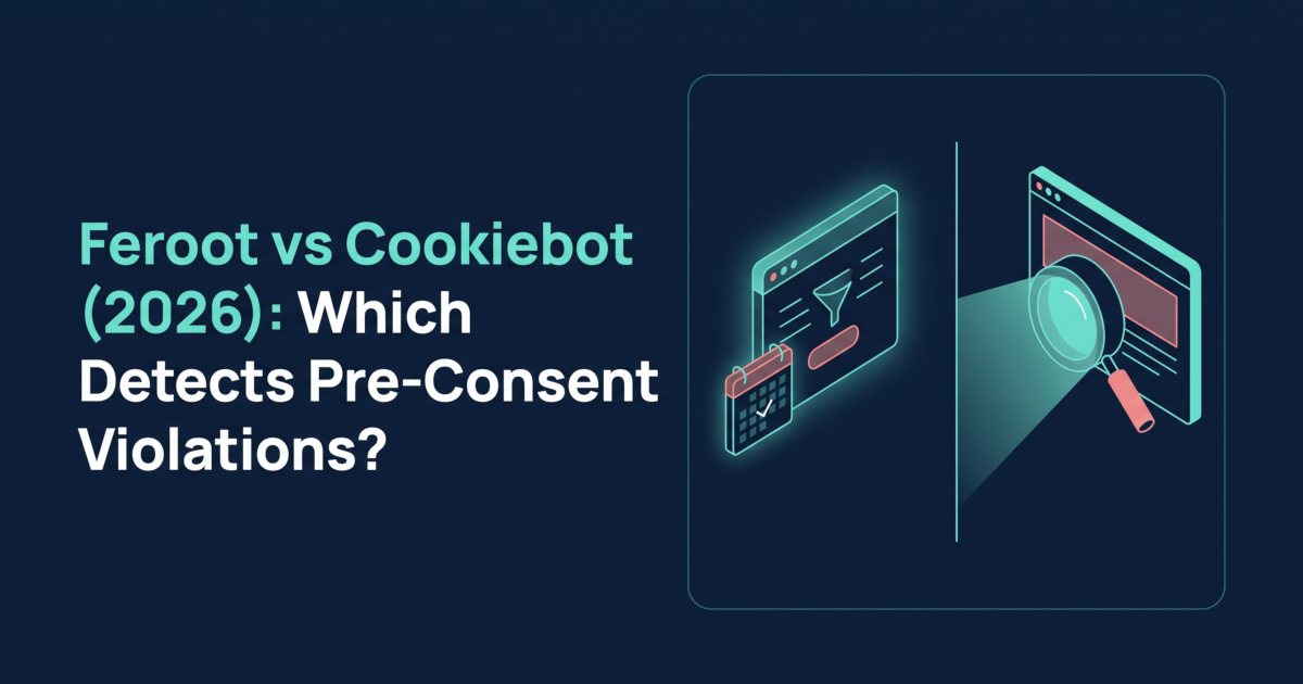 Feroot vs Cookiebot (2026): CMP consent gate with calendar check beside an independent runtime audit lens on a webpage