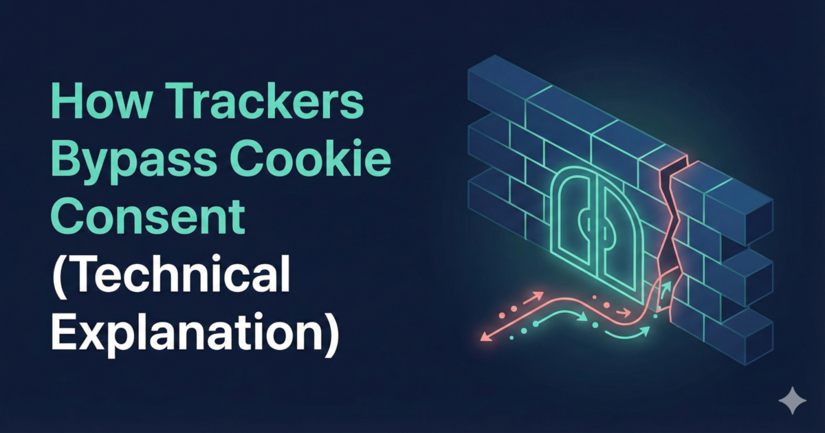 Technical diagram: trackers loading via GTM and scripts after page load, bypassing consent