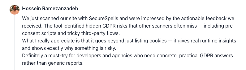 Product Hunt comment by Hossein Ramezanzadeh: actionable feedback and hidden GDPR risks