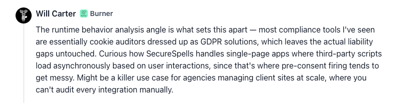 Product Hunt comment by Will Carter: runtime behavior analysis sets SecureSpells apart